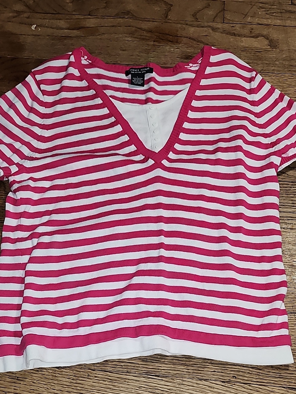 French Toast Hot Pink and White Striped V-Neck Short Sleeve Top